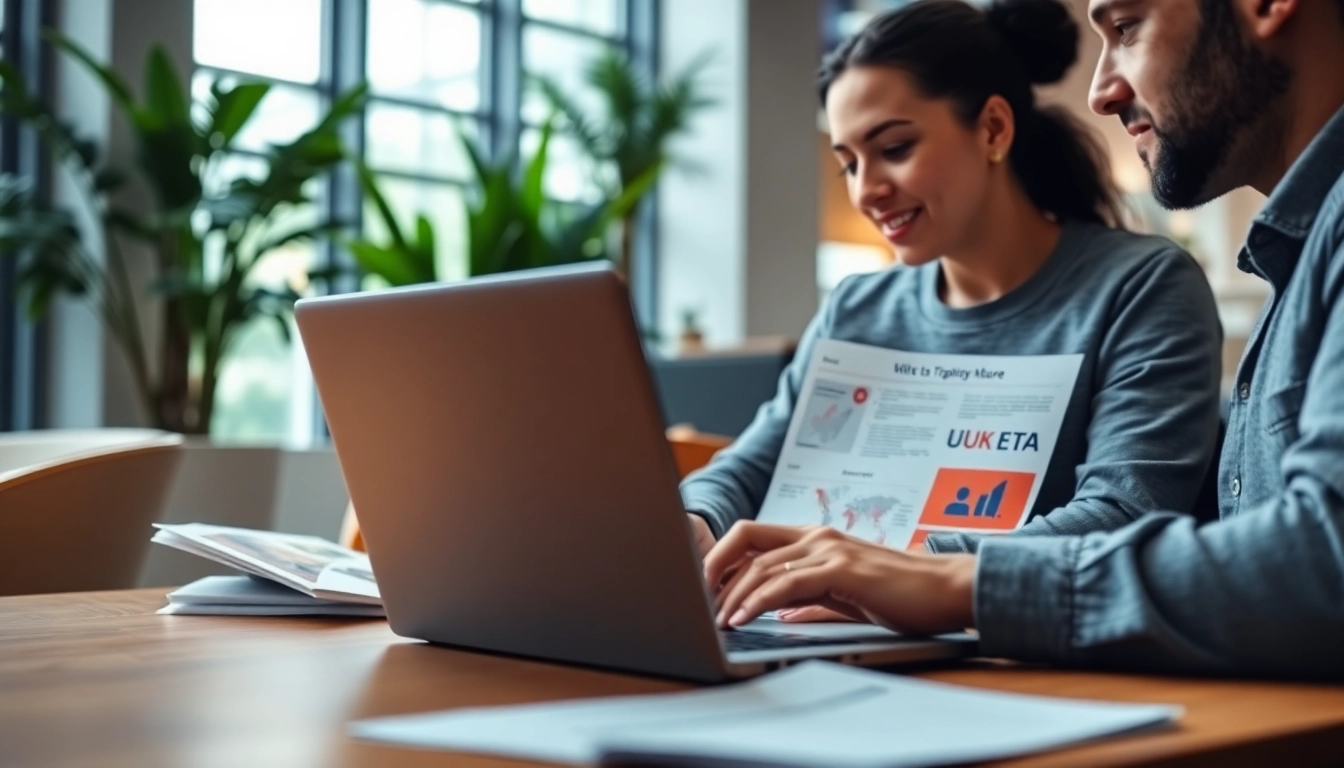 Individuals completing the uk eta online application on a laptop in a bright co-working space.