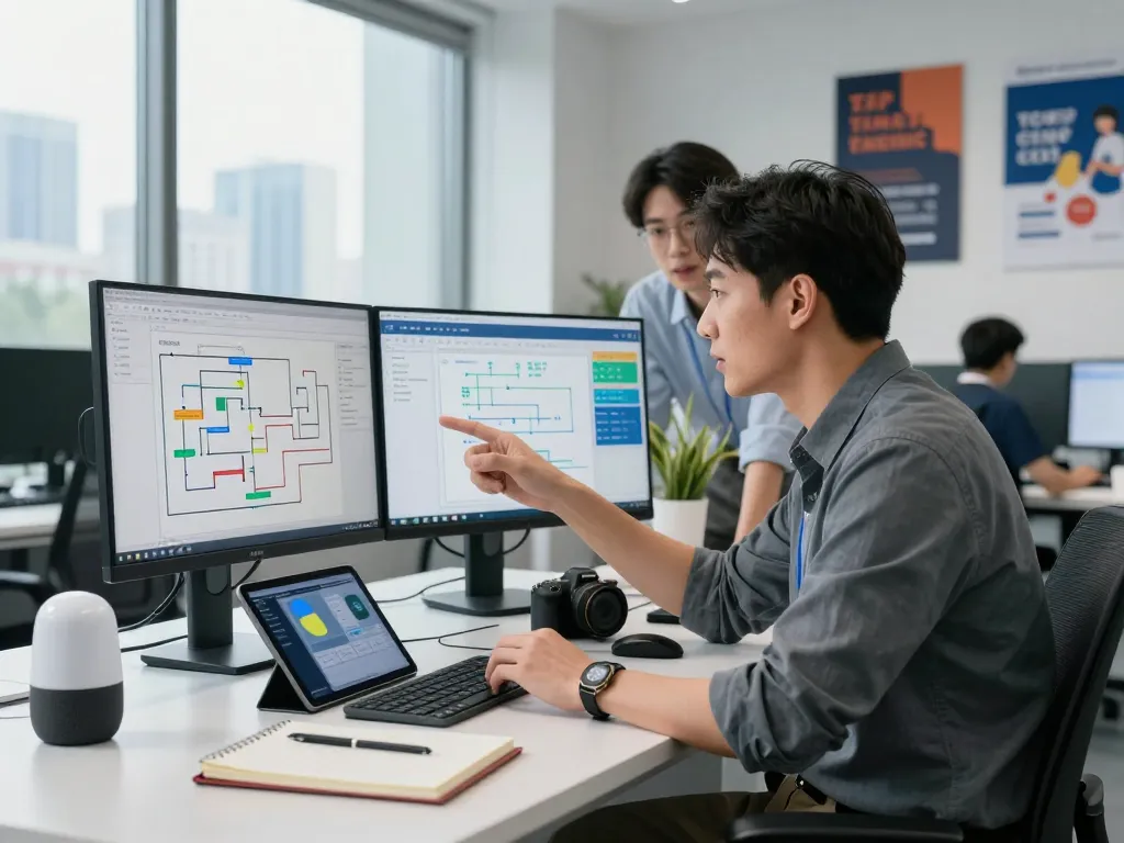 Automation specialist collaborating in a modern workspace with advanced tools and real-time data.