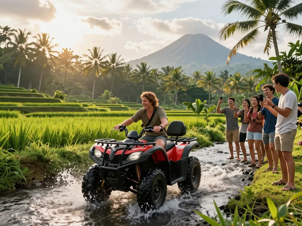 Experience the thrill of Bali's ATV tour packages while exploring Bali tour packages surrounded by lush jungle and rice fields.