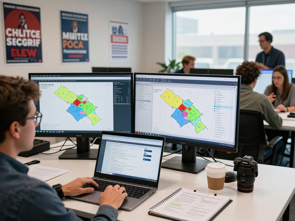 Dynamic political campaign marketing scene showing down ballot campaign marketing strategies and voter data analysis.