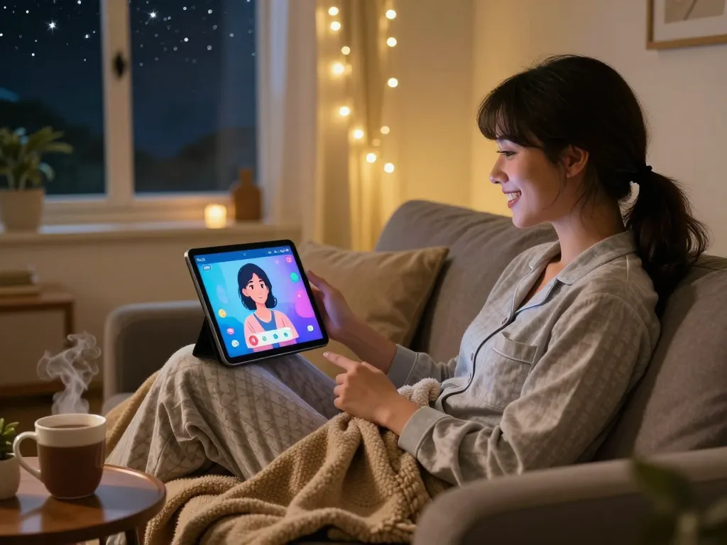 Engaging with an ai gf on a tablet in a cozy living room setting.