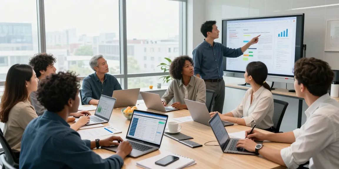 Team collaborating in a modern office discussing a service marketplace + CRM platform, highlighting teamwork and innovation.