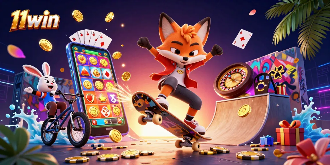 11win illustration showcasing a skateboarder fox and BMX rabbit amidst a vibrant casino scene.