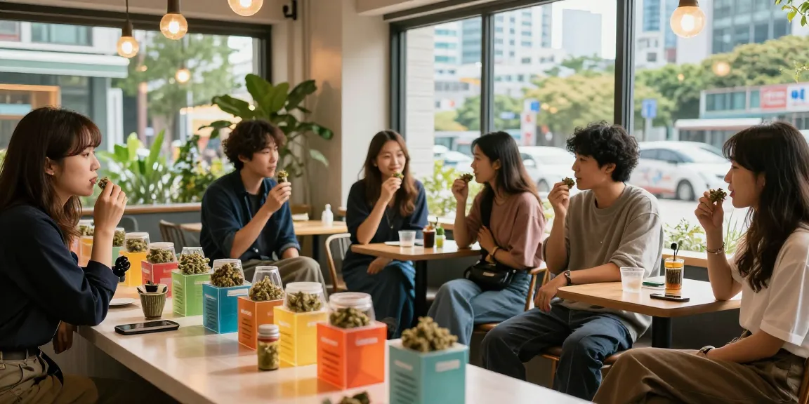 Social gathering in Seoul café discussing where I can get weed.