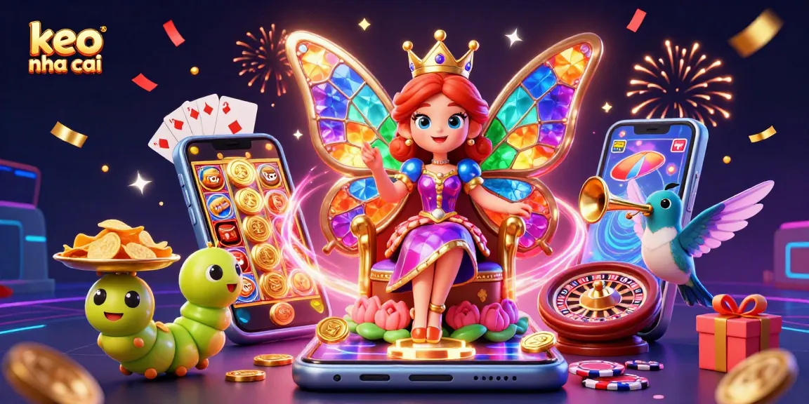 Engage with keo nha cai in an ultra-detailed casino scene featuring a butterfly queen and vibrant game elements.