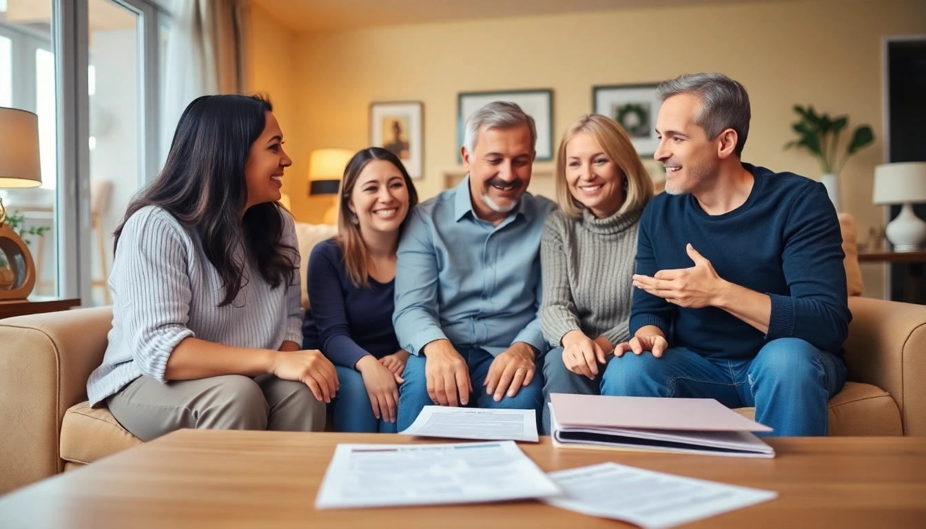 Family engaged in a discussion about home warranty plans in a cozy living room setting.