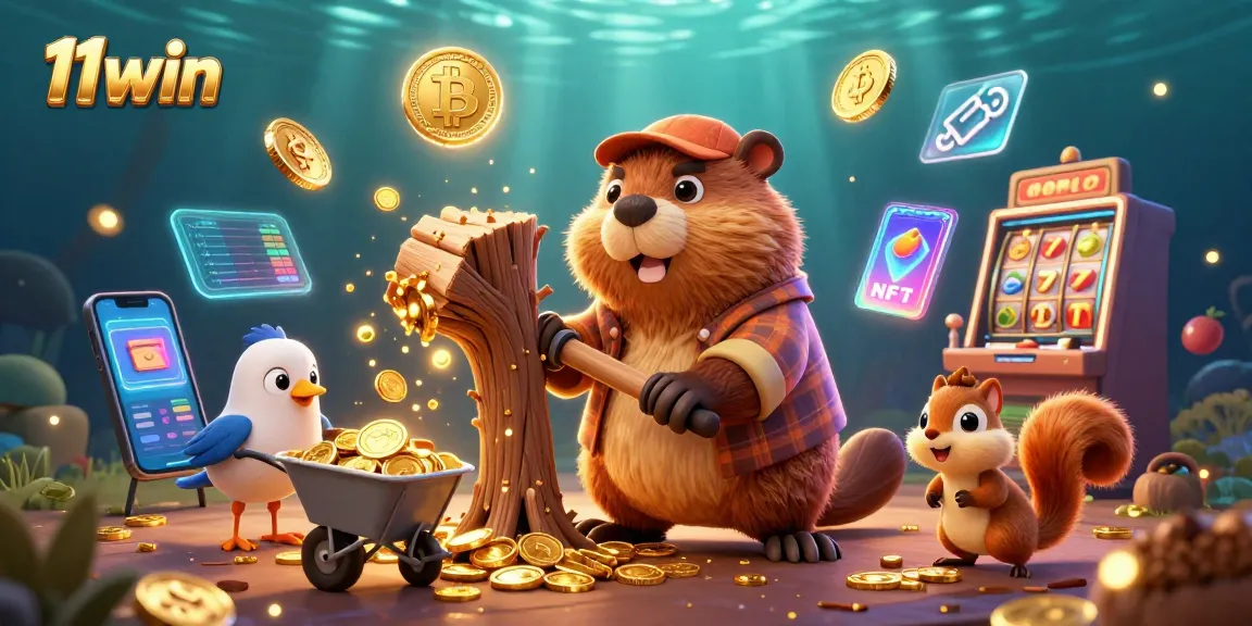 11win showcases a lively casino scene with a 3D lumberjack beaver amongst gold coins and slot symbols.