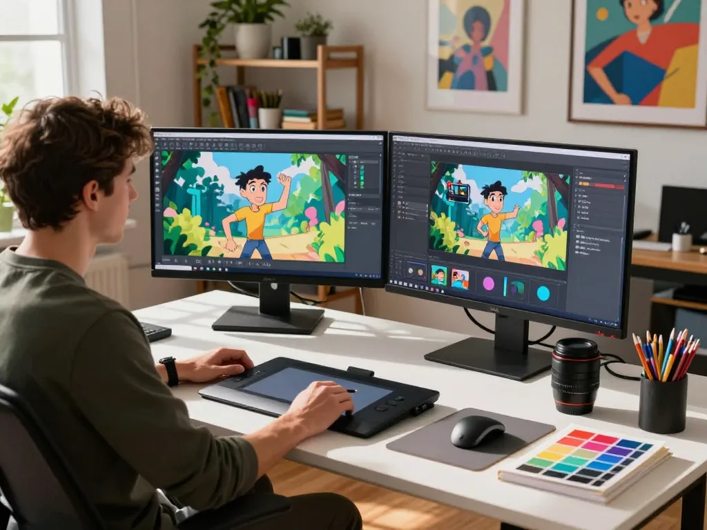 Artist using Kling motion ai in a vibrant animation studio, showcasing advanced video capabilities.