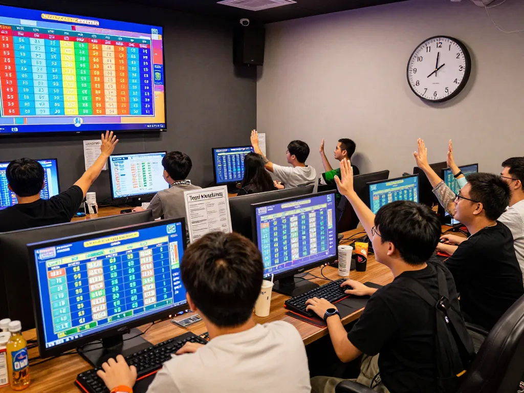 Pemain yang antusias di lounge permainan menikmati hasil undian langsung Togel Hongkong dengan layar digital yang menampilkan nomor pemenang sebelumnya.