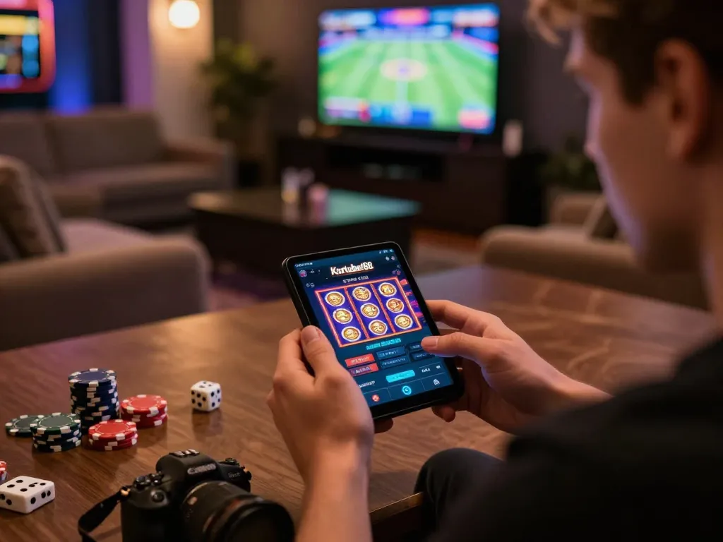 Kartubet88 mobile gaming app displayed on smartphone in an inviting lounge setting with gaming elements.