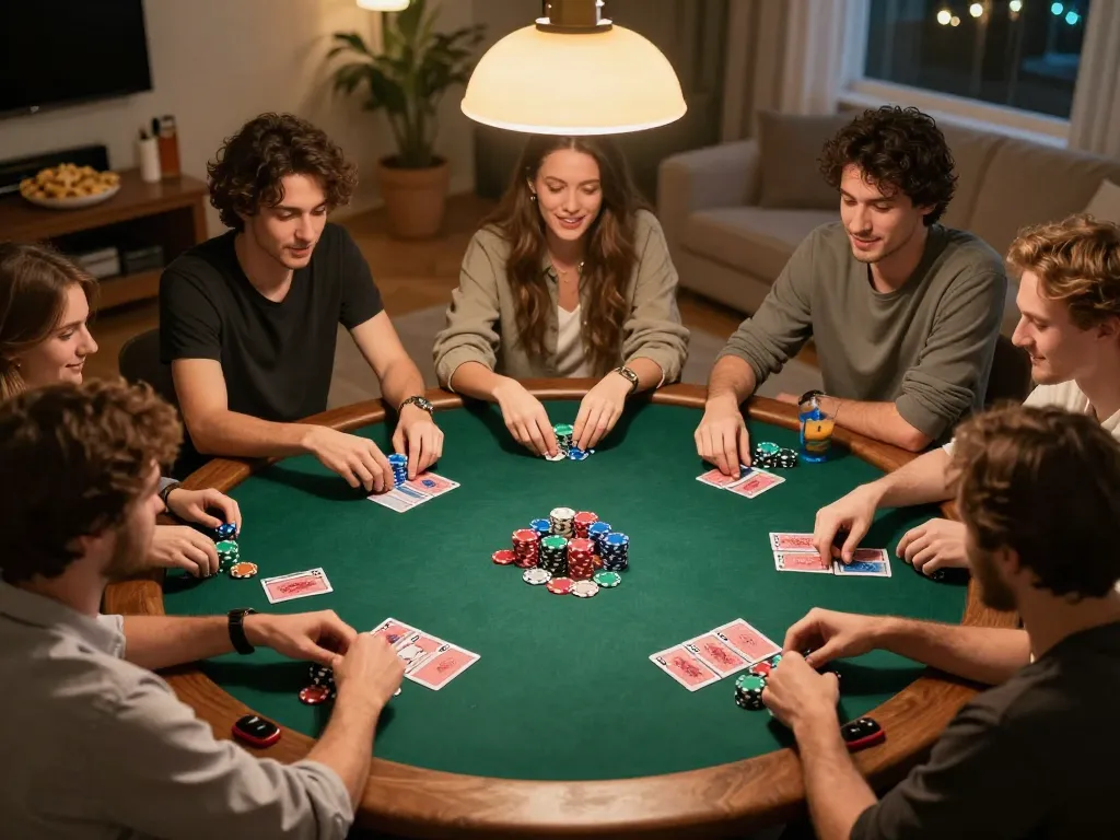 Sunwingo players engaged in a friendly poker game with warm ambiance.