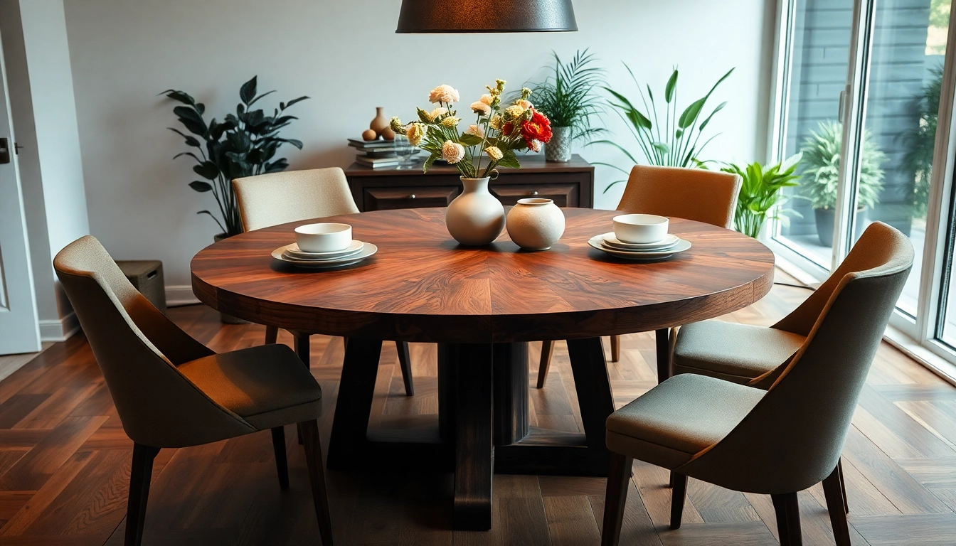 Round dining table made from solid hardwood, featuring elegant chairs in a cozy dining room setup.