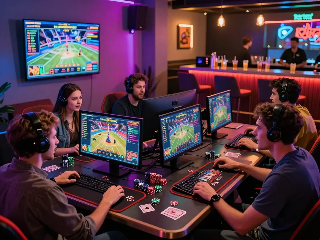 A vibrant gaming lounge scene where friends enjoy 789club casino games together, surrounded by colorful LED lights and engaging decor.