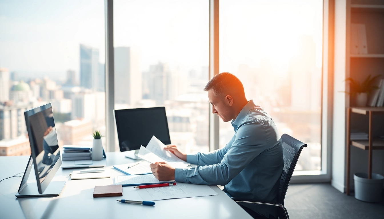 Streamlined approach to Contract Management. featuring a professional reviewing documents amidst digital tools.