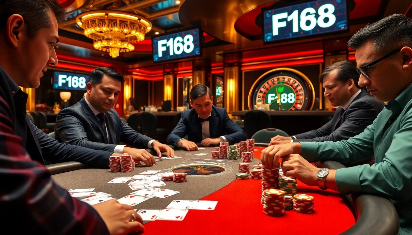 High-stakes poker game showcasing F168 branding with elegant cards and vibrant chips.