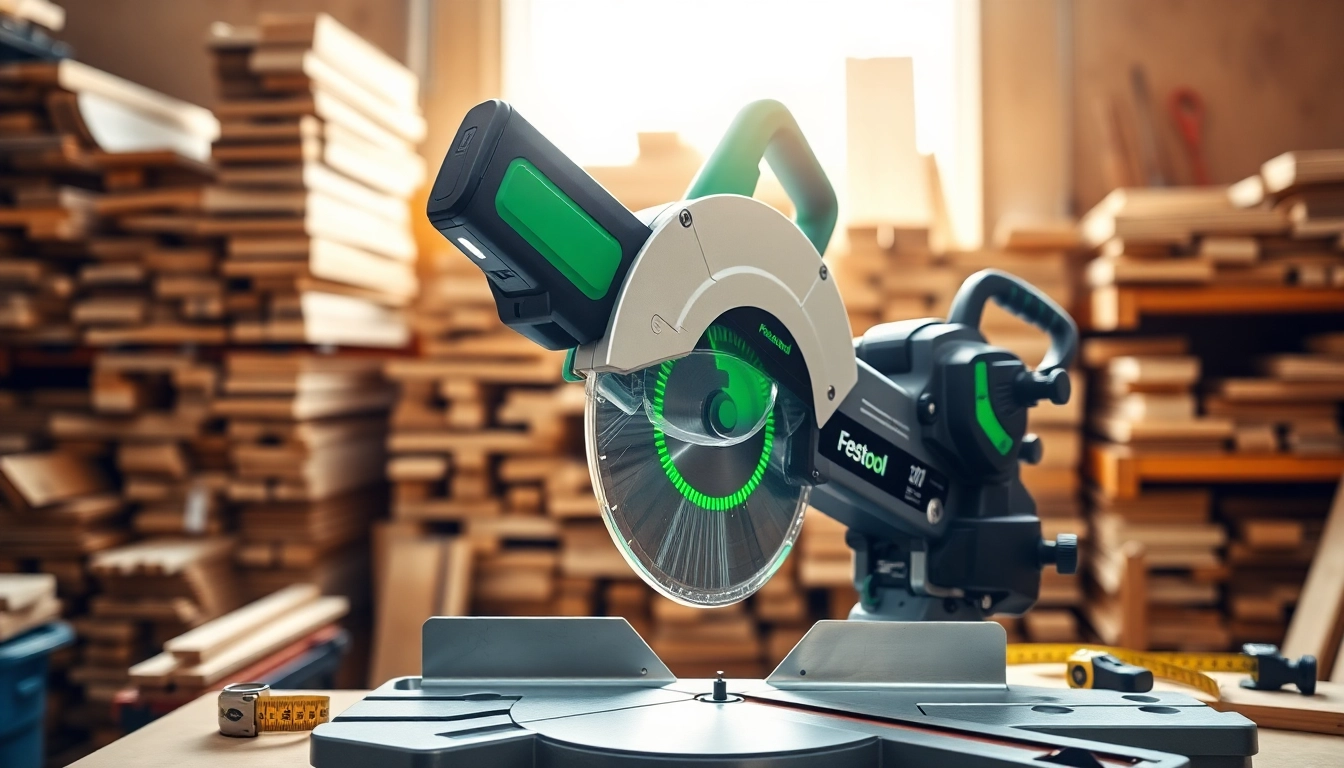 Professional woodworker using a festool miter saw for precision cuts.