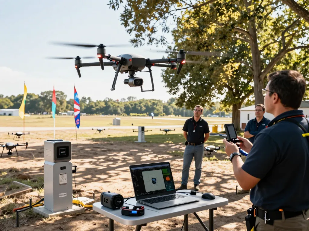 Technician operating a drone termico in a testing facility, demonstrating advanced thermal imaging technology.