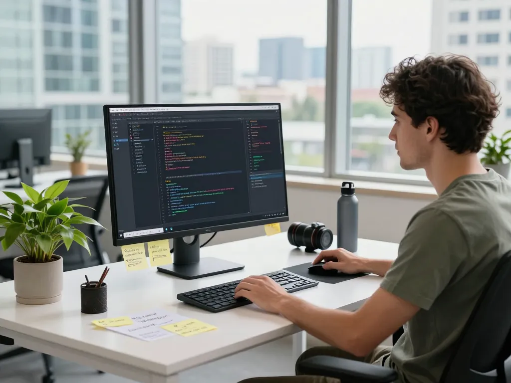 A developer coding in a modern workspace while focusing on wps 下载 with stylish tech gadgets and a city view.