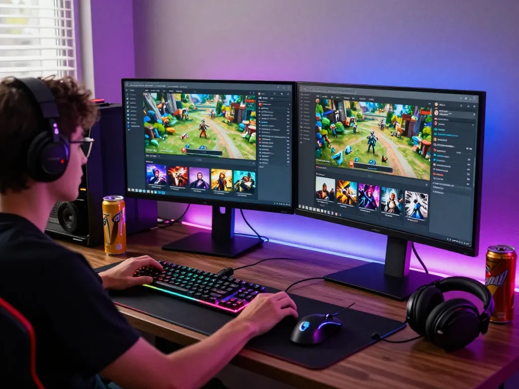 Engaged gamer using Sun Win platform with vibrant gaming setup and colorful interfaces.