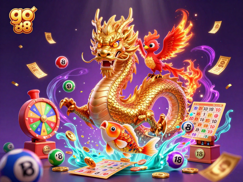 Experience exhilarating fun in go 88 with vibrant lottery balls, a dragon, and exciting game elements.