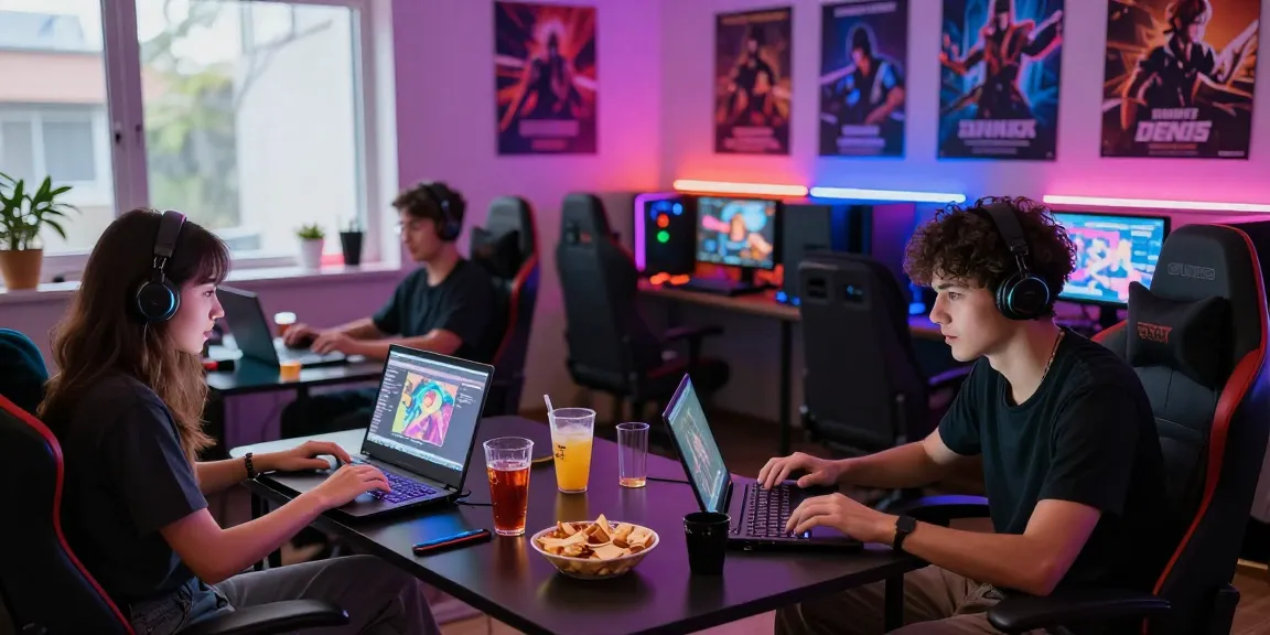 Playful scene of gamers enjoying hentaigames in a cozy lounge.
