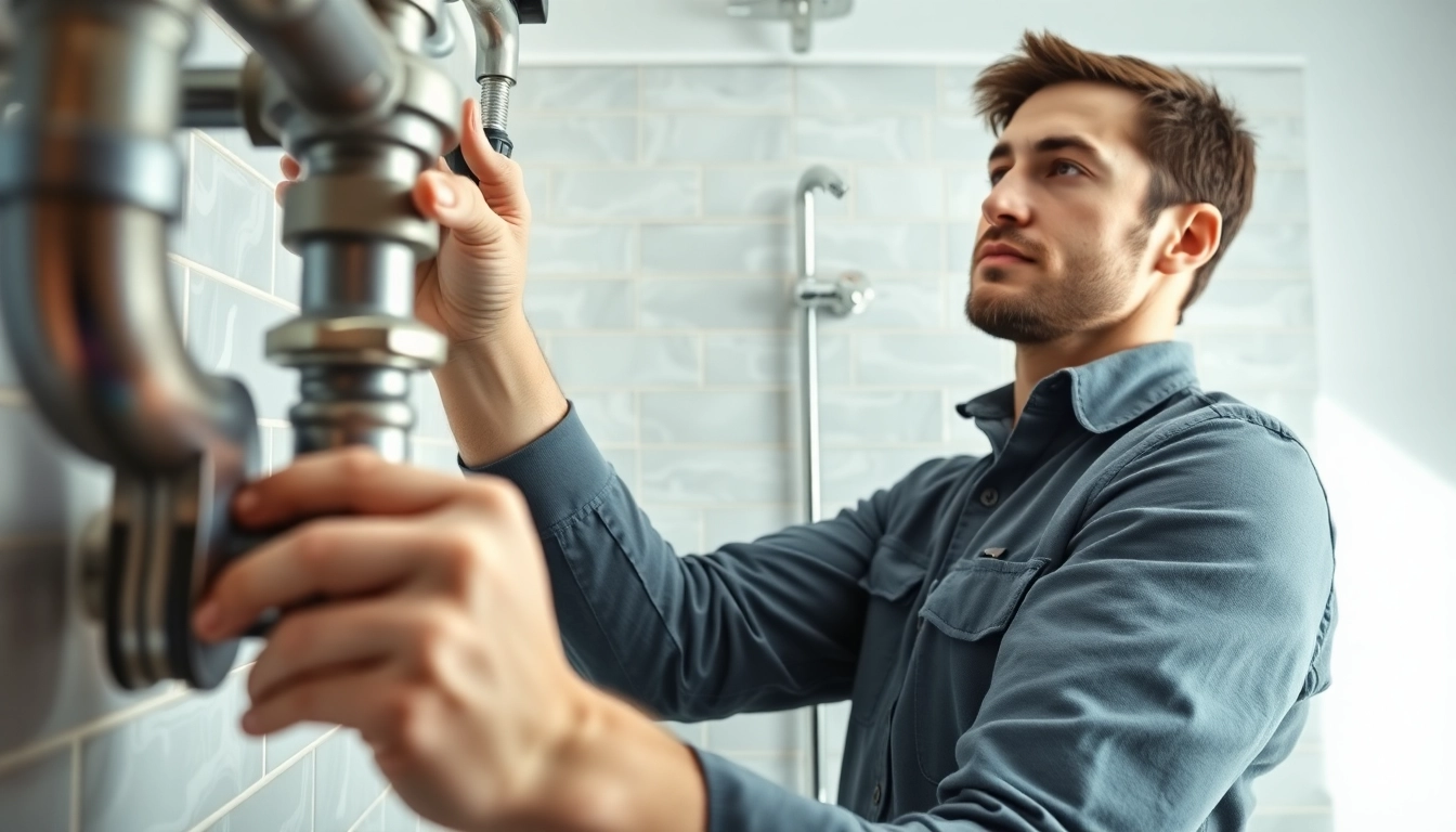 Find a reliable plumber near me attending to pipes in a modern bathroom.