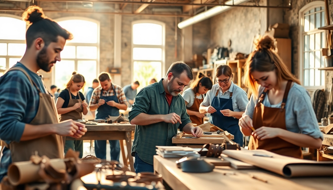 Engaging in craft training programs in a vibrant workshop setting featuring diverse artisans.