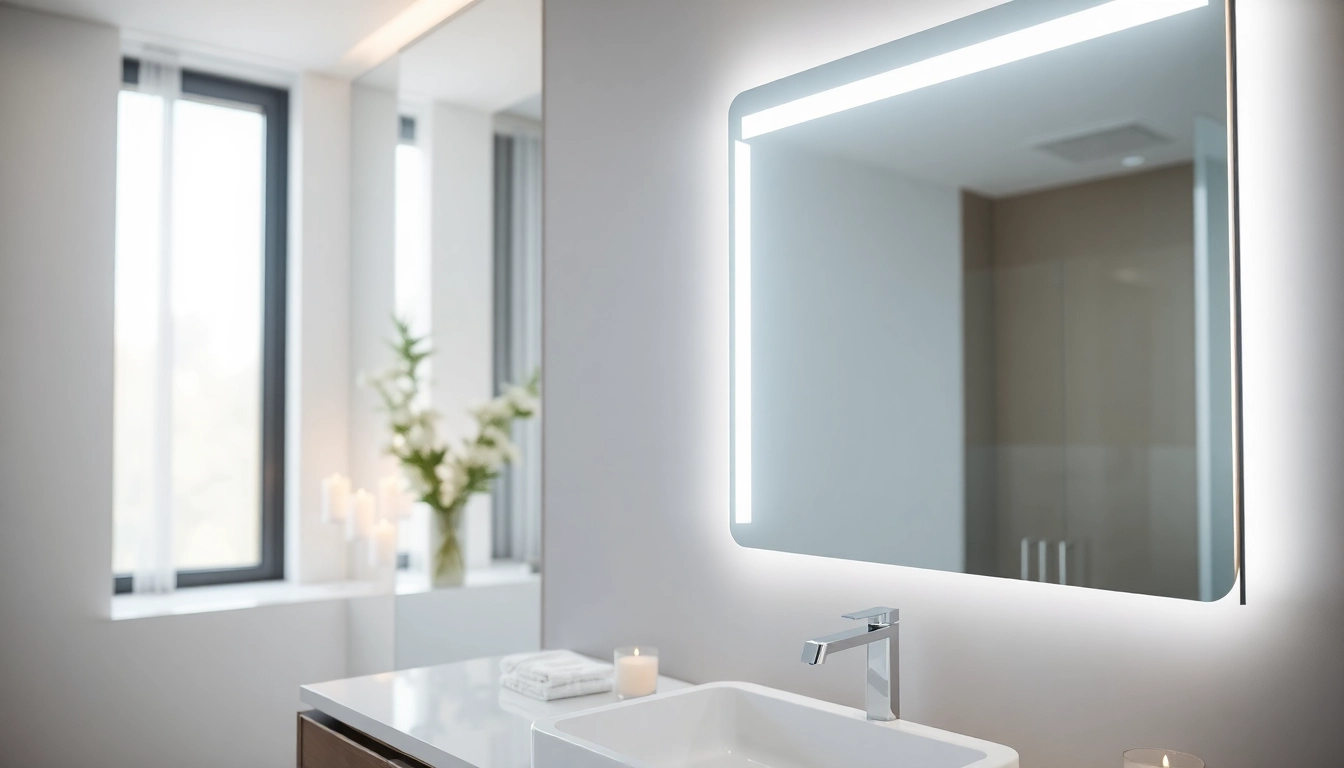 Showcasing an elegant LED mirror in a modern bathroom for a sophisticated ambience.