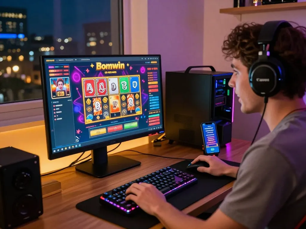 Bomwin gaming platform setup with player focused on vibrant online card games and slots.