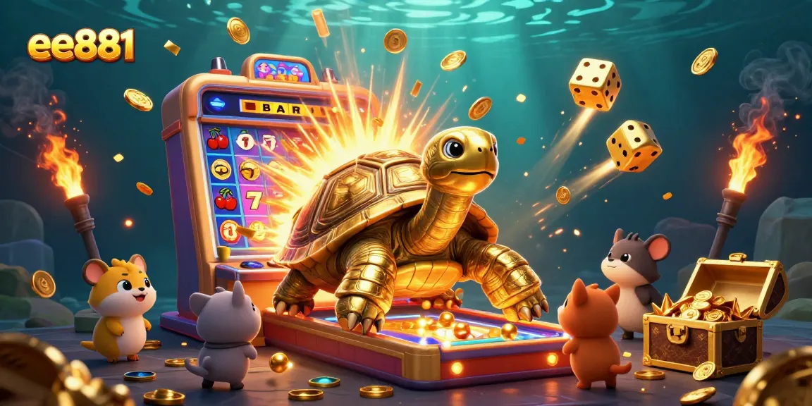 Play and win at ee881 with vibrant slot machines, golden tortoise, and exciting casino elements.