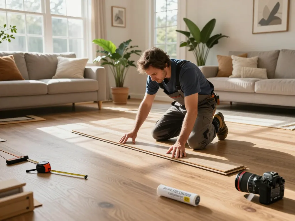 Flooring specialists near me installing luxury vinyl in a cozy home