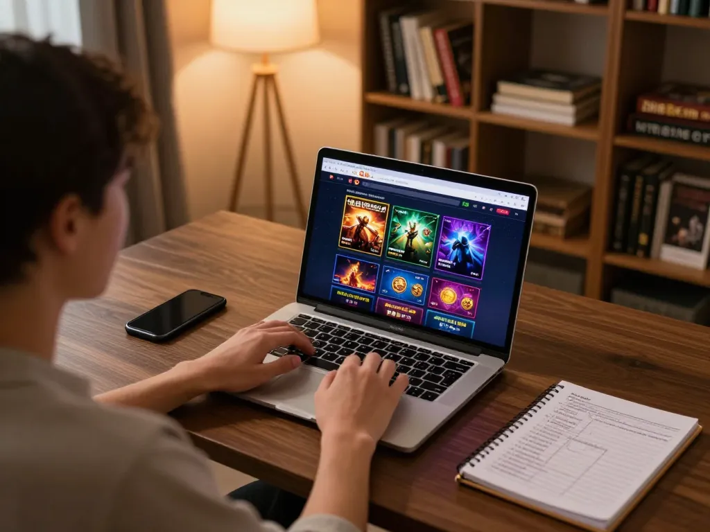 Player engaged in online casino gaming on dn88 com from stylish home office with strategic notes on table.