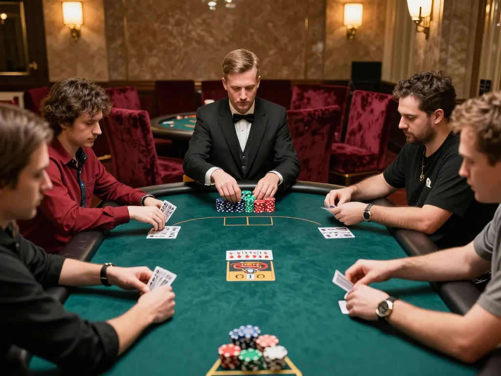 Poker players at a luxury casino engaged in intense gameplay, showcasing strategies at https://go8.onl/ tables