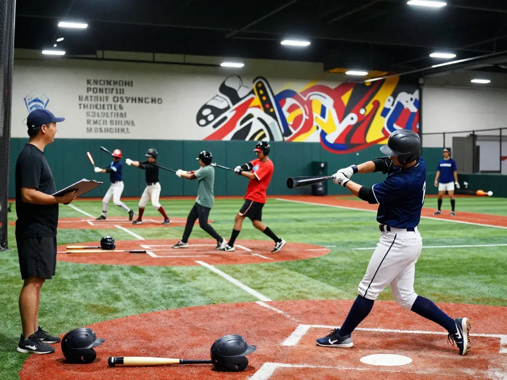Hitclub baseball training session with athletes practicing hitting techniques indoors under bright lights
