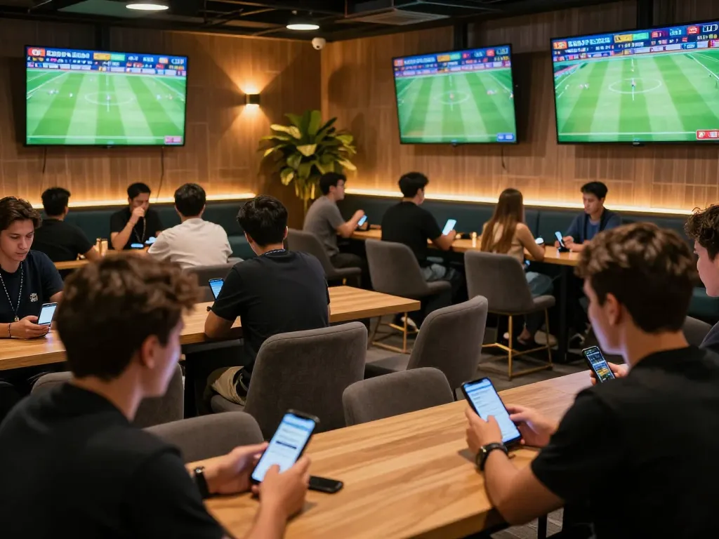 Pembuat taruhan olahraga SBOBET yang memasang taruhan di suasana lounge yang menarik, menampilkan pertandingan langsung.