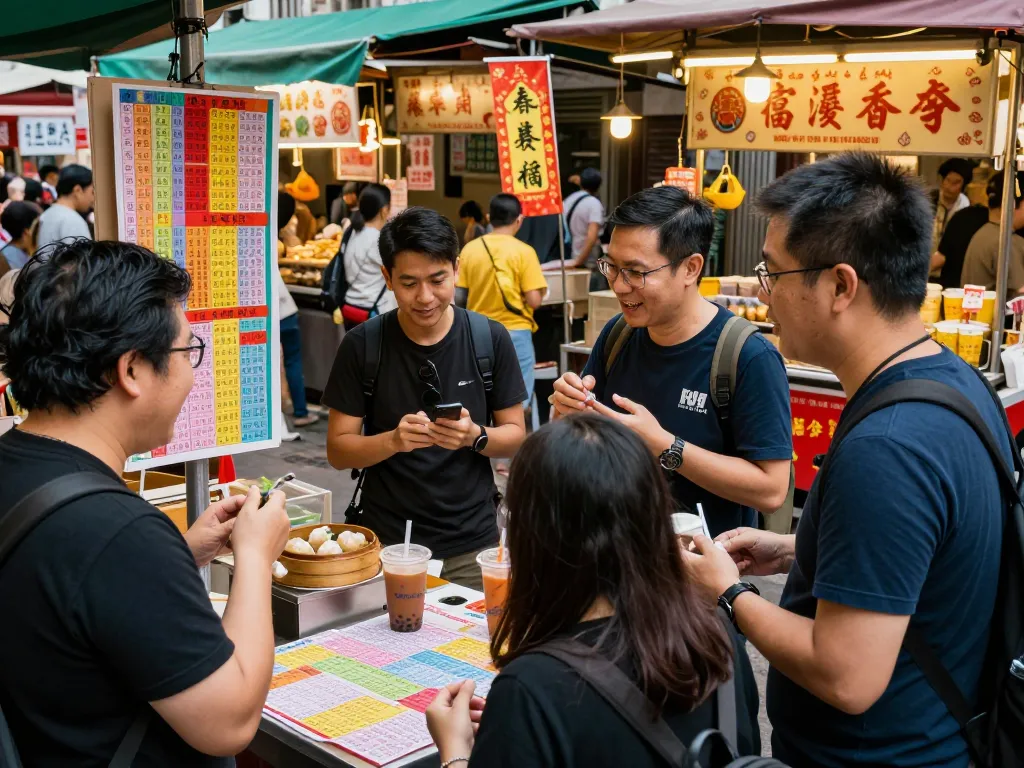 Pemain menjelajahi tiket lotere Togel Hongkong di pasar jalanan yang ramai.