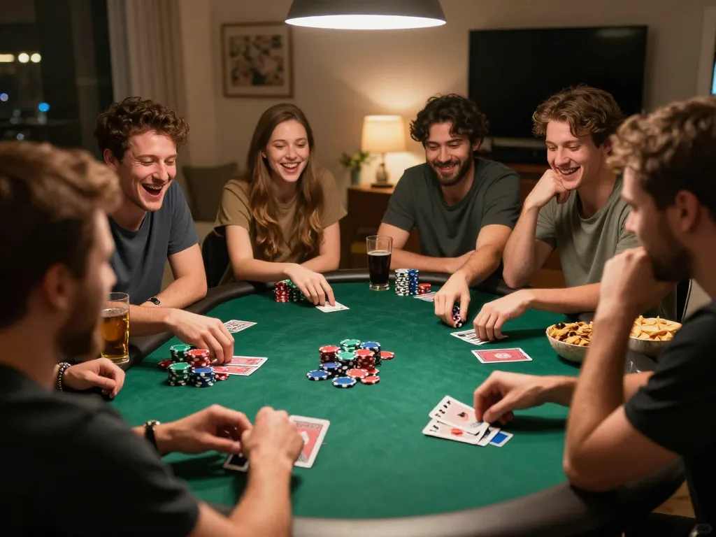 Malam poker SBOBET88 dengan teman-teman, menampilkan taruhan, kartu, dan interaksi yang hidup dalam suasana yang nyaman