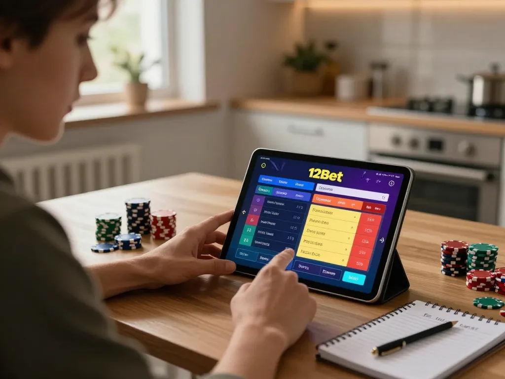 Giao tiếp với Link 12bet trên máy tính bảng trong không gian bếp ấm cúng khi xem xét các chiến lược cược.