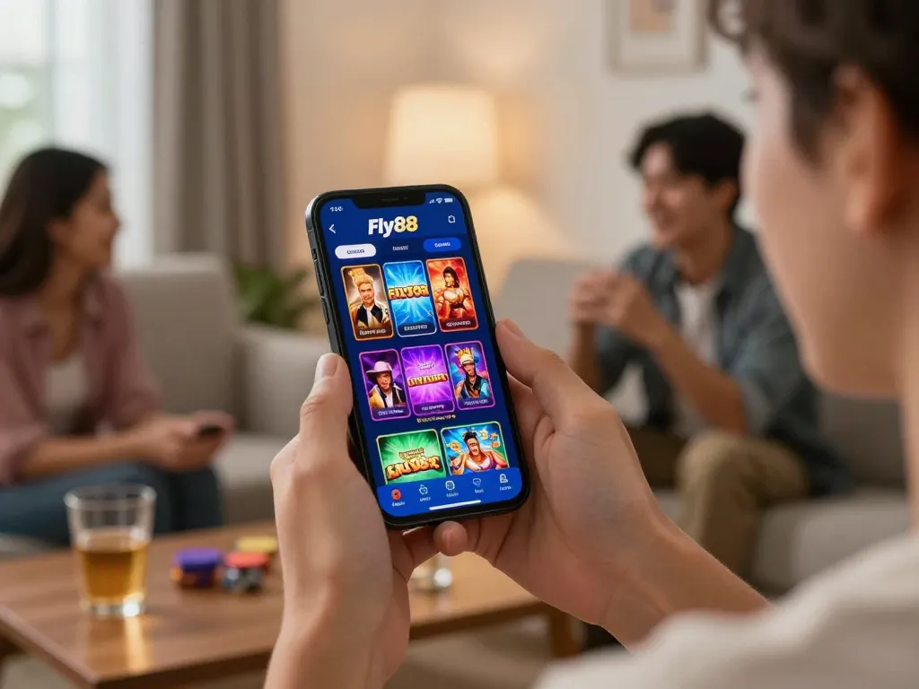 Engaging mobile gaming scene showcasing the trang chủ fly88 interface amidst a cozy home setting.