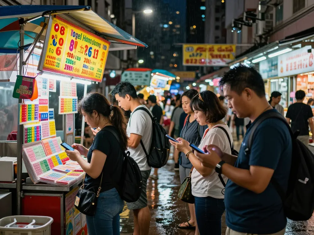 Kegembiraan Togel Hongkong di pedagang kaki lima yang ramai menjual tiket lotere, suasana yang semarak