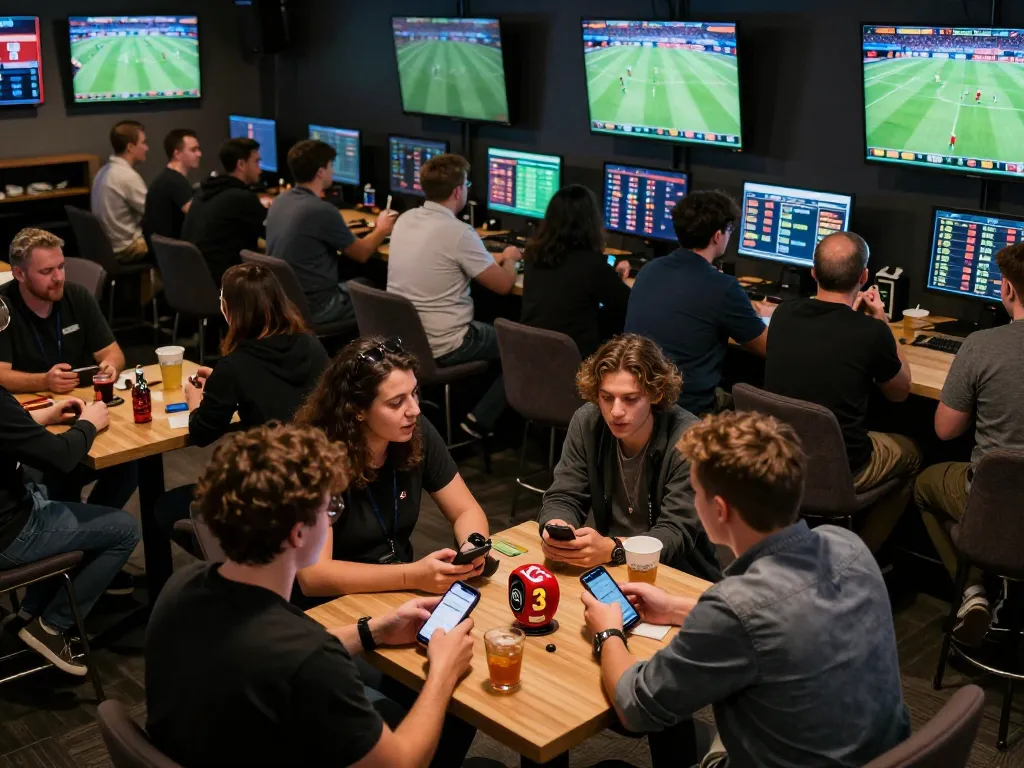 Aksi taruhan Judi Bola dengan penggemar yang bersemangat menganalisis statistik sepak bola di lounge olahraga yang hidup.