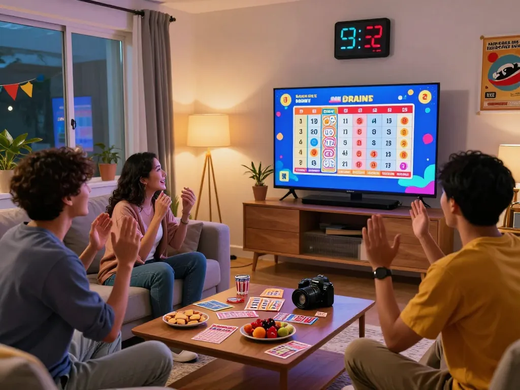 Teman-teman antusias menyaksikan pengundian lotere Togel Hongkong di ruang tamu yang nyaman, dipenuhi dengan kegembiraan dan dekorasi warna-warni.