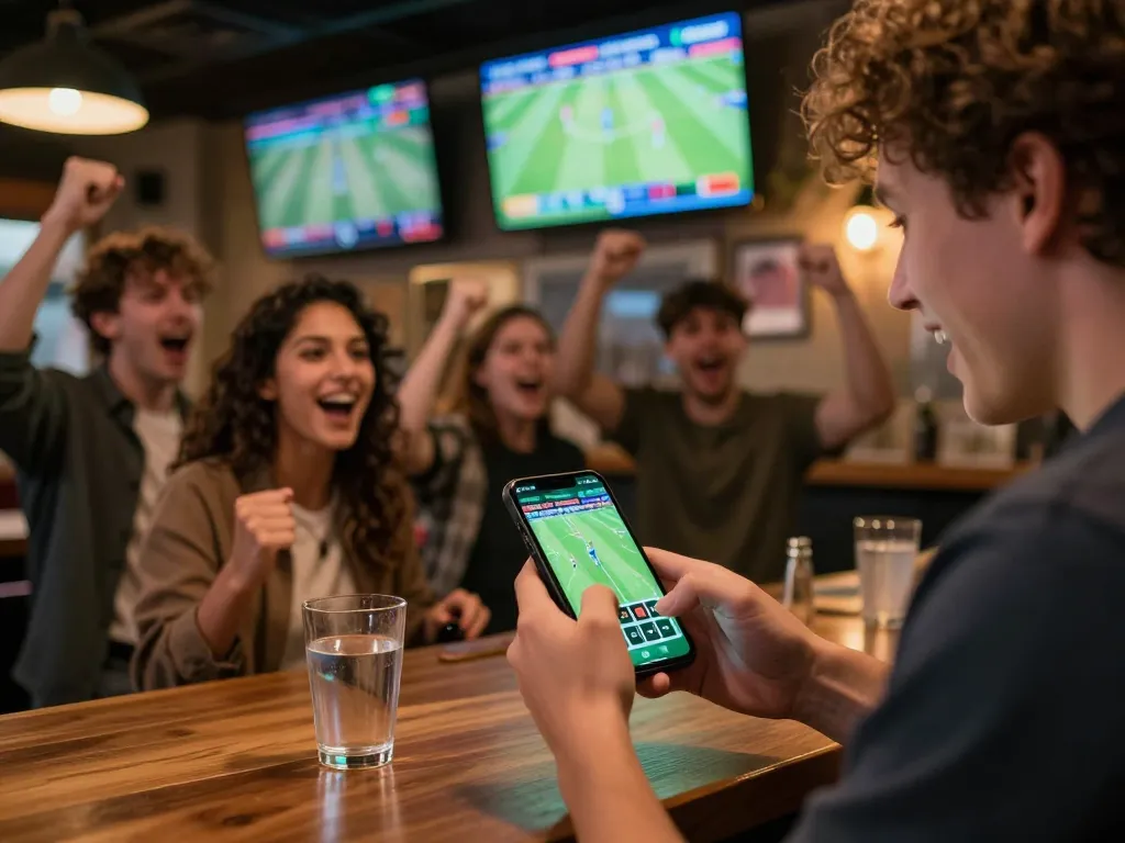 Situs Judi Bola aksi dengan pemain meletakkan taruhan langsung pada pertandingan sepak bola yang mendebarkan di bar olahraga yang ramai.