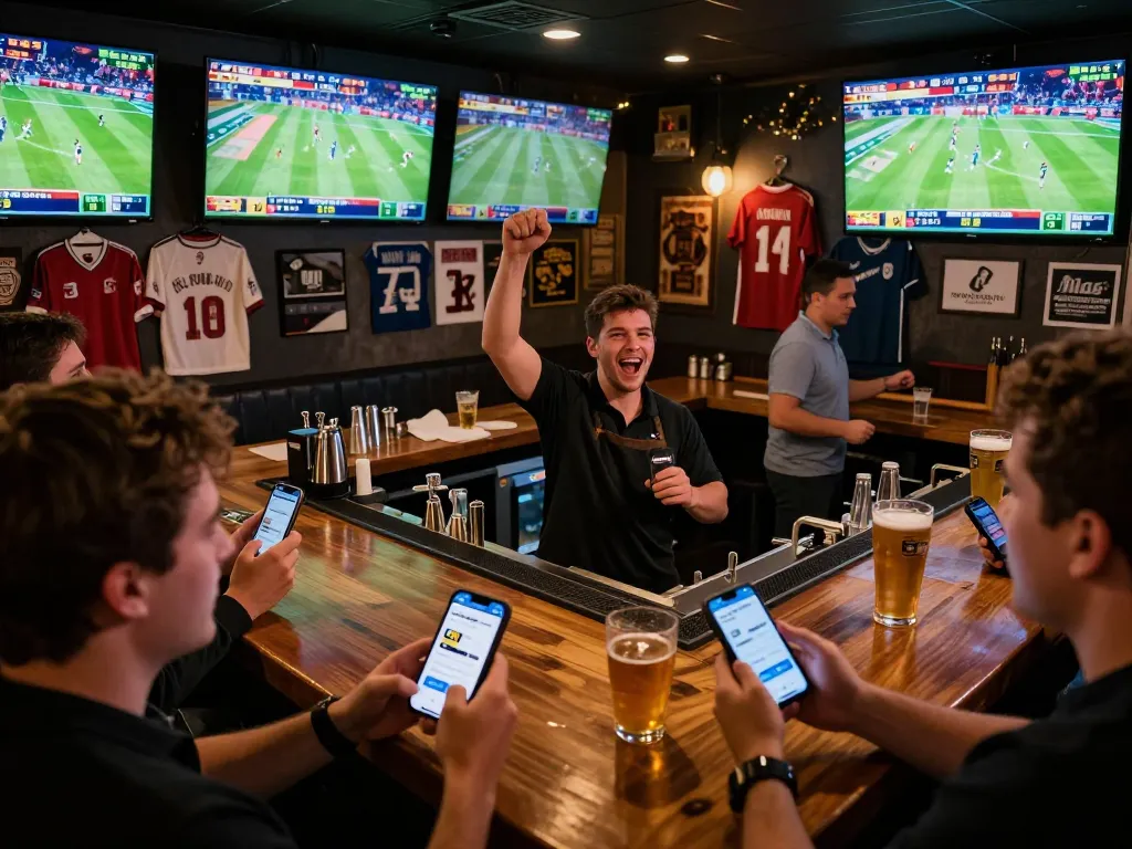 Aplikasi olahraga SBOBET88 di smartphone selama acara taruhan olahraga yang meriah di bar yang ramai.