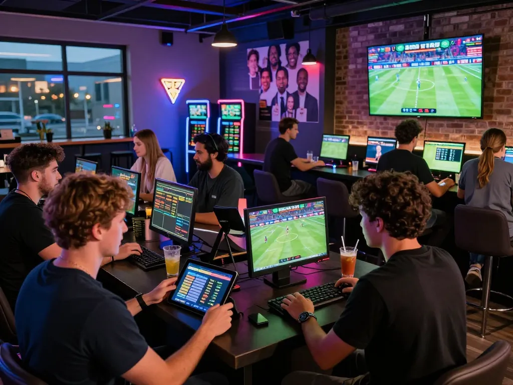 Exciting SBOBET sports betting scene with enthusiastic bettors engaged in real-time action at a modern gaming lounge.
