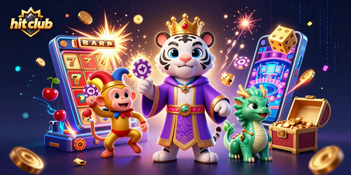 Hit club experience with vibrant 3D casino characters celebrating jackpots and games.