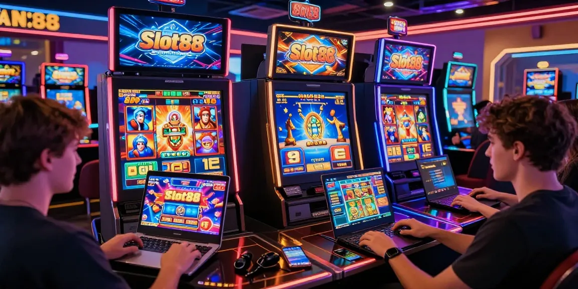 Engaged users playing JURAGANBOLA slot games on mobile and laptop in vibrant online gaming scene.