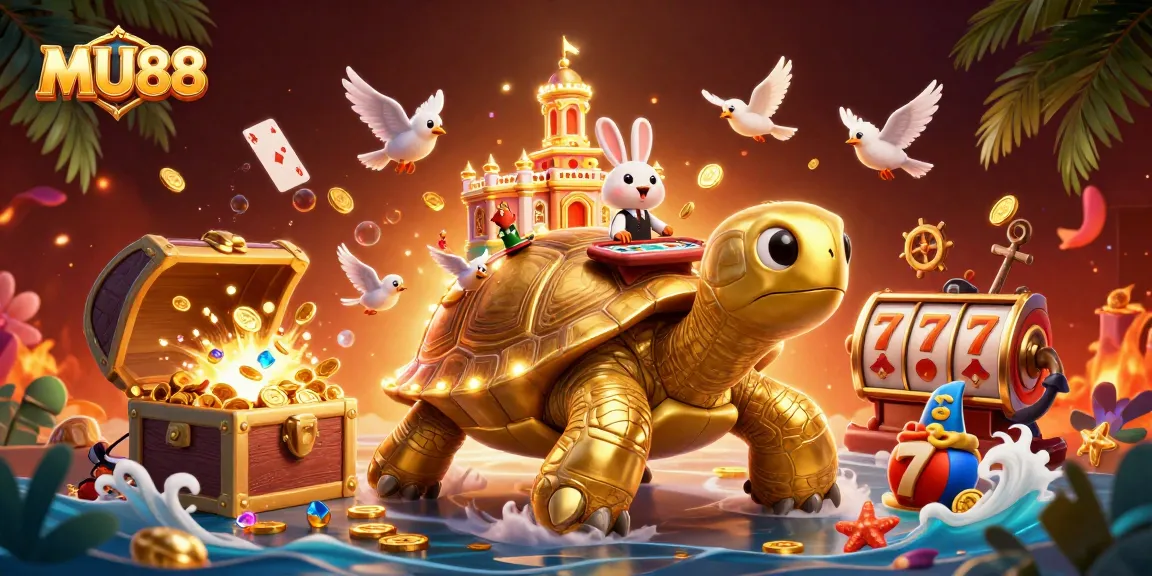 Experience MU88 and its vibrant casino atmosphere with a golden tortoise and rabbit dealer among slot reels and treasures.