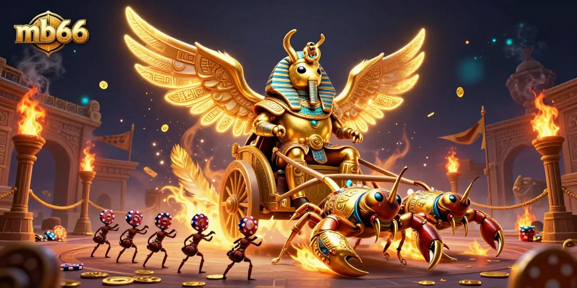 Engage in thrilling casino action with mb66's golden beetle and scorpions in a vibrant 3D scene.