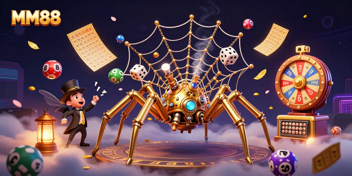 Join the excitement of MM88 with a vibrant 3D illustration featuring lively lottery elements.